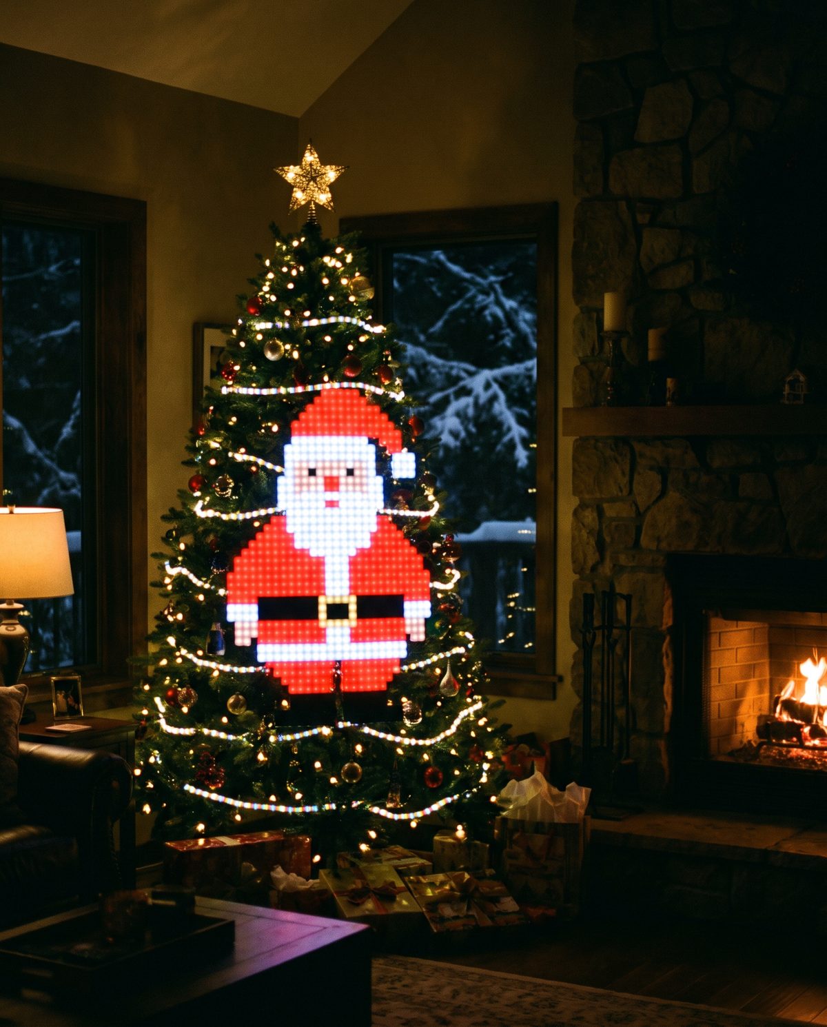 A Christmas tree lit with the Santa Claus design