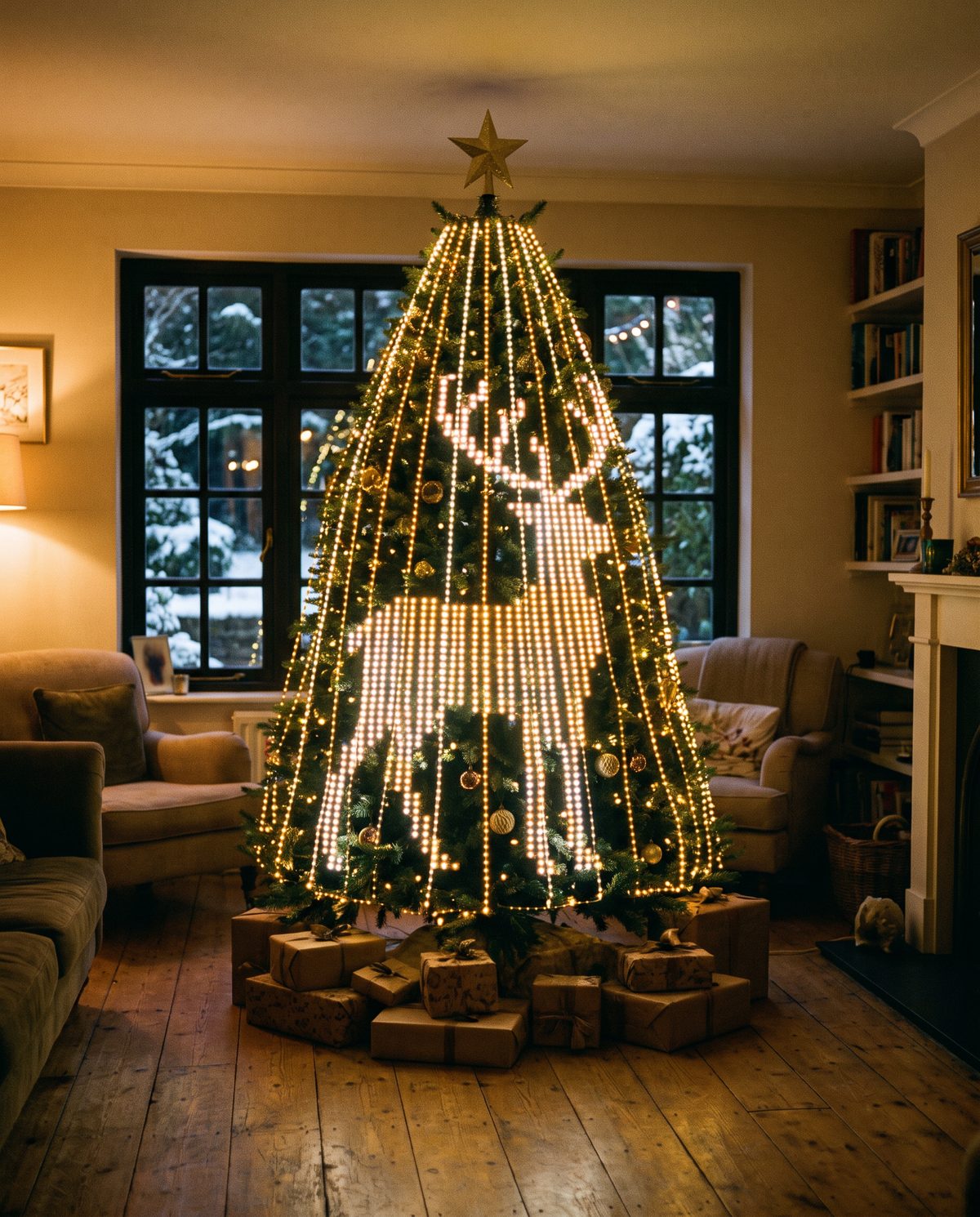 A Christmas tree lit with the Reindeer design
