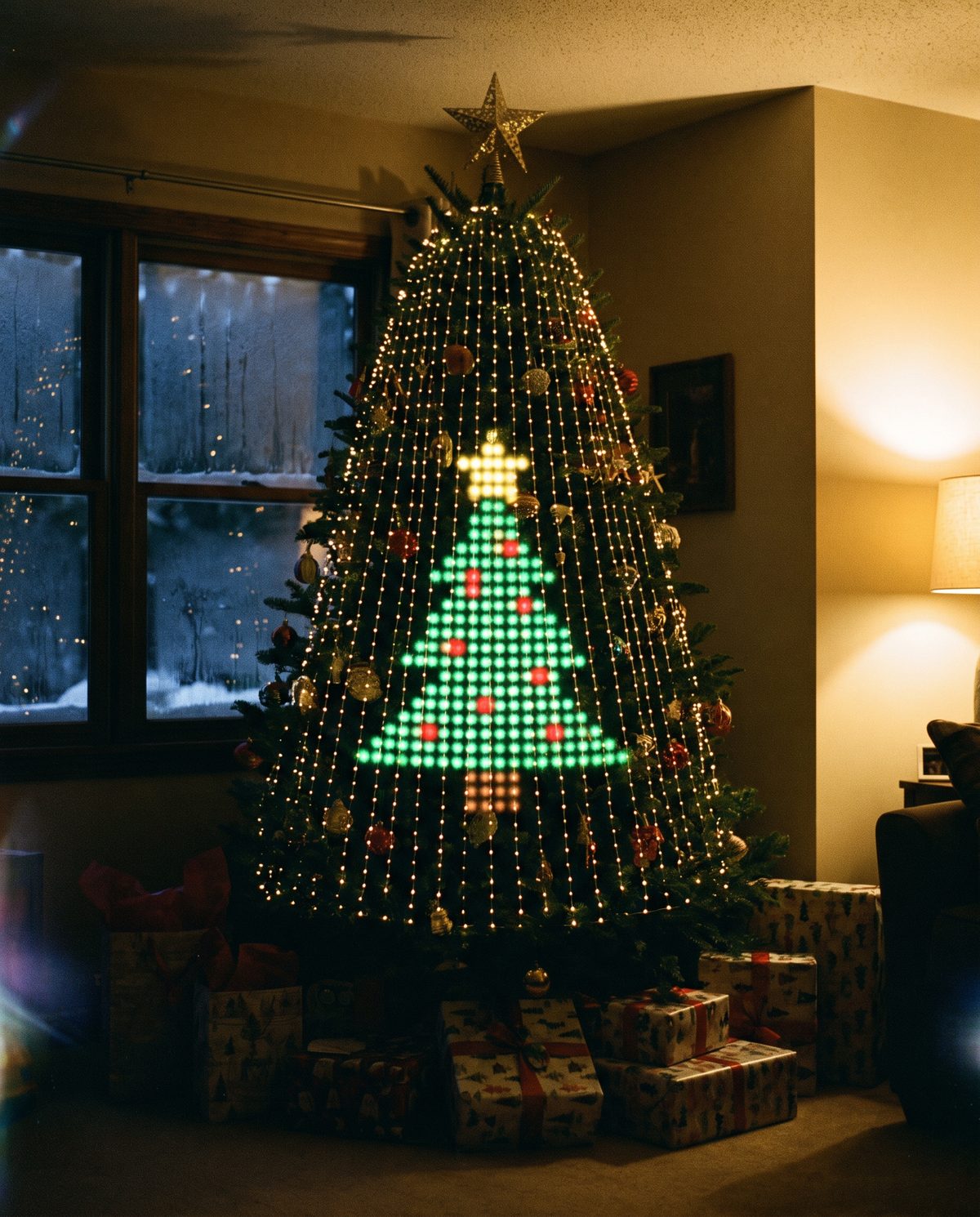 A Christmas tree lit with the Christmas Tree design