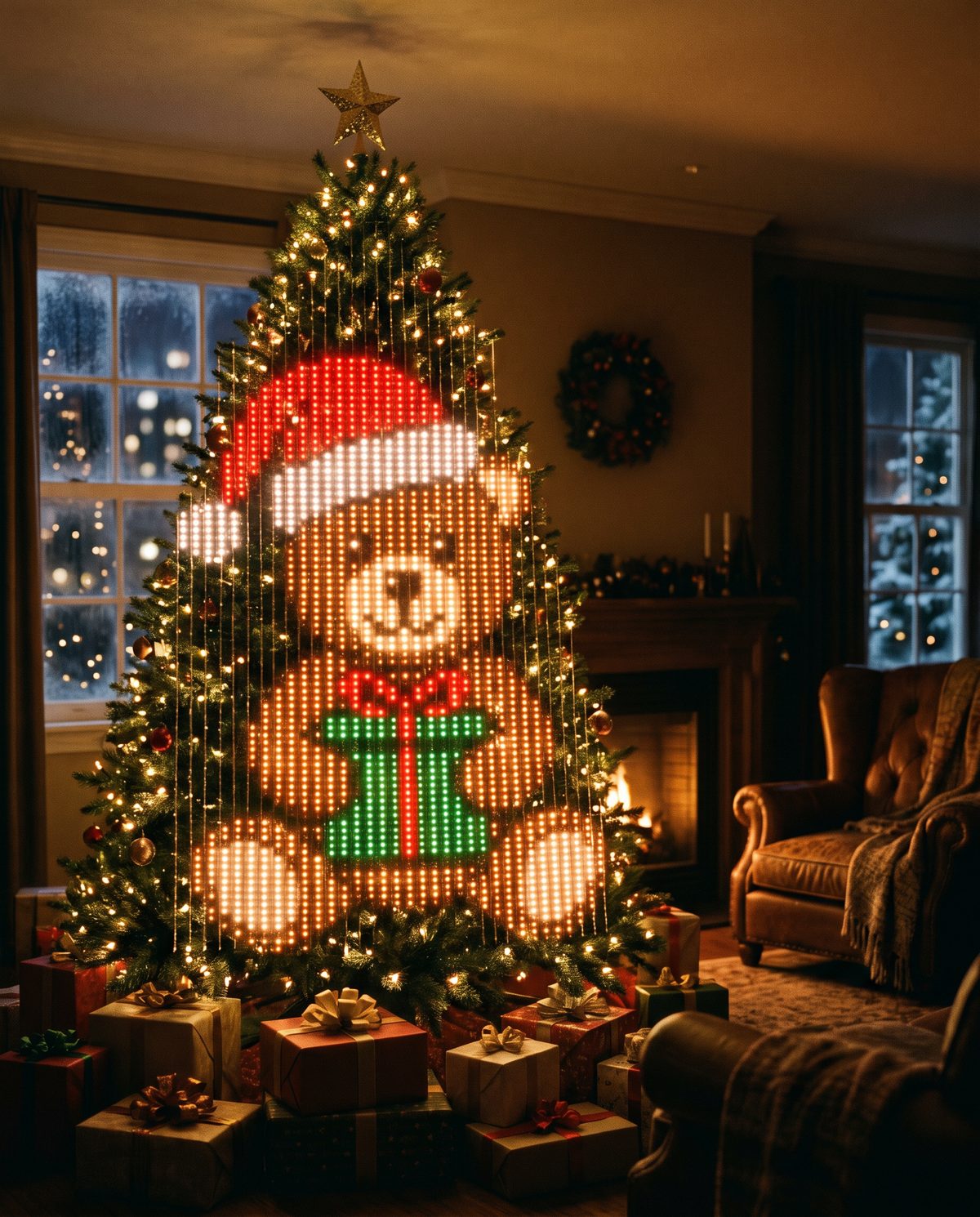 A Christmas tree lit with the Teddy Bear design