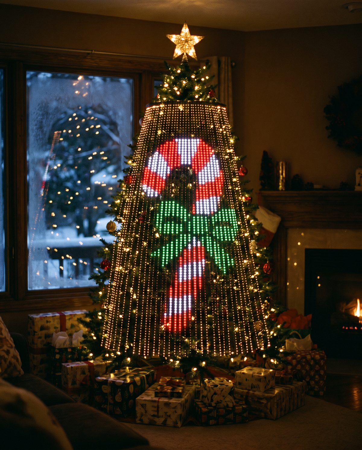 A Christmas tree lit with the Candy Cane design