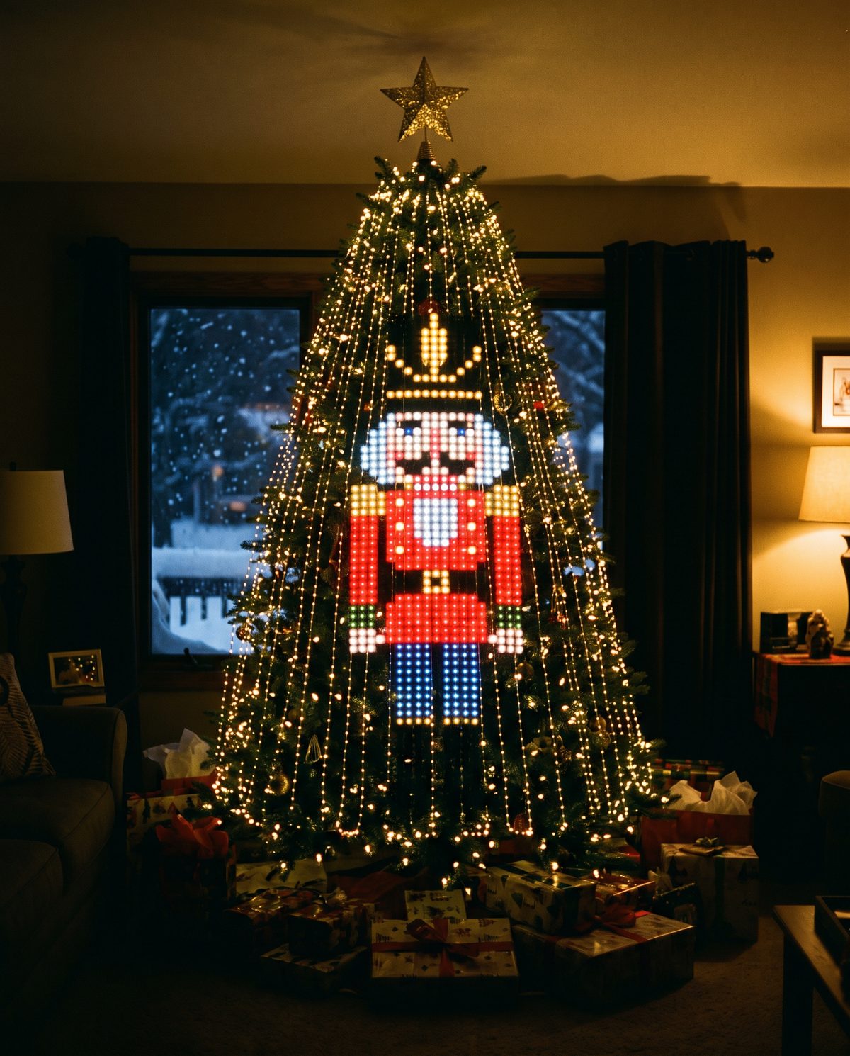A Christmas tree lit with the Nutcracker design