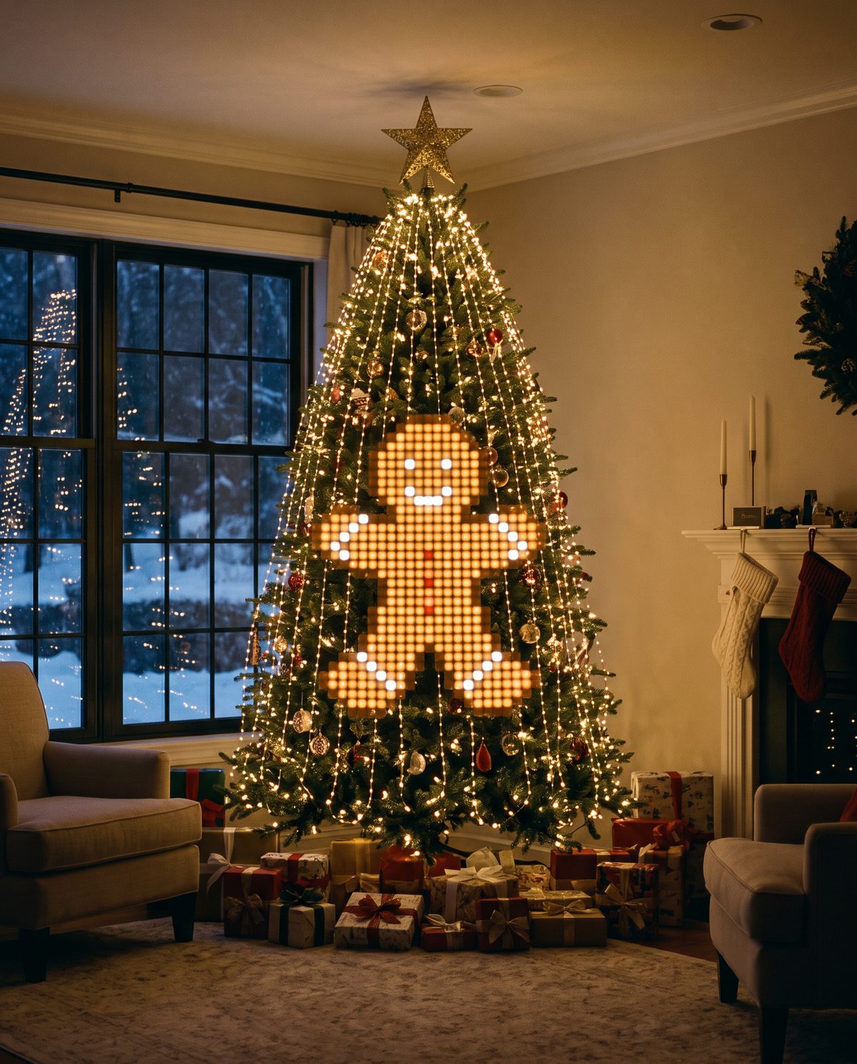 A Christmas tree lit with the Gingerbread Man design