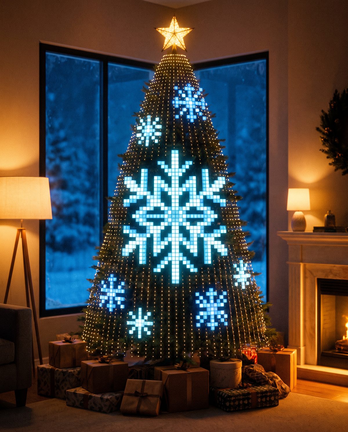 A Christmas tree lit with the Snowflake design