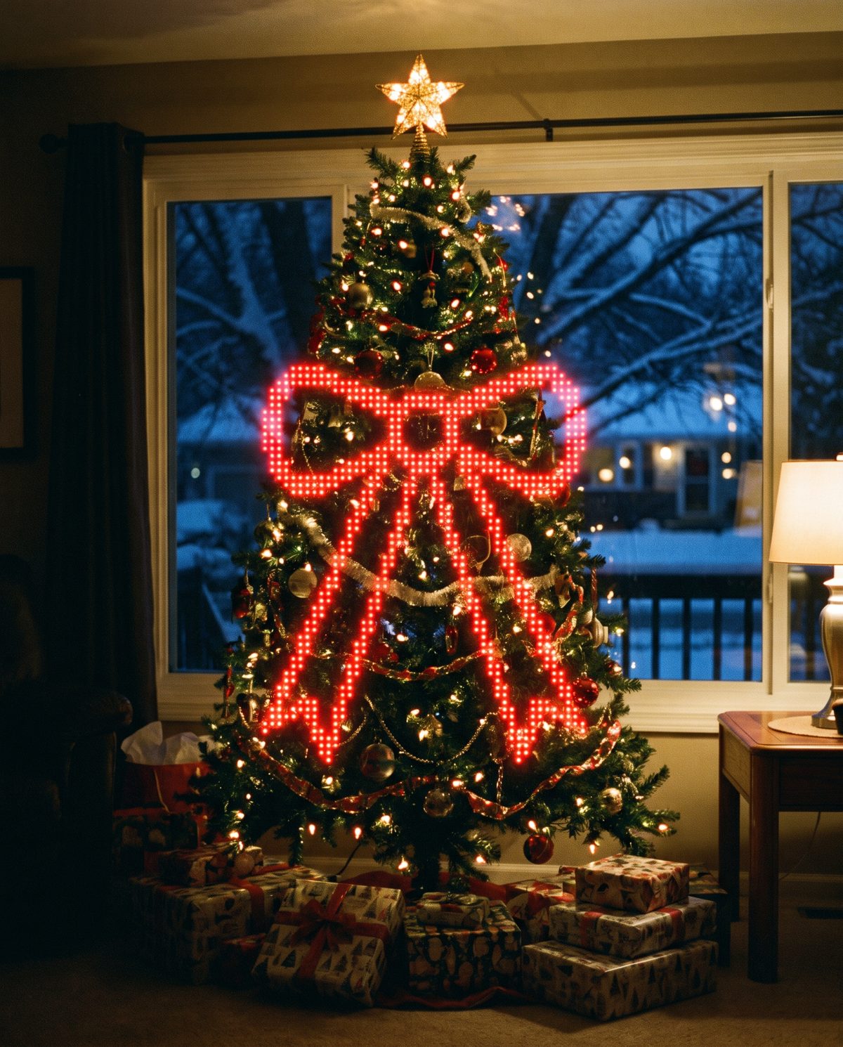 A Christmas tree lit with the Bow design