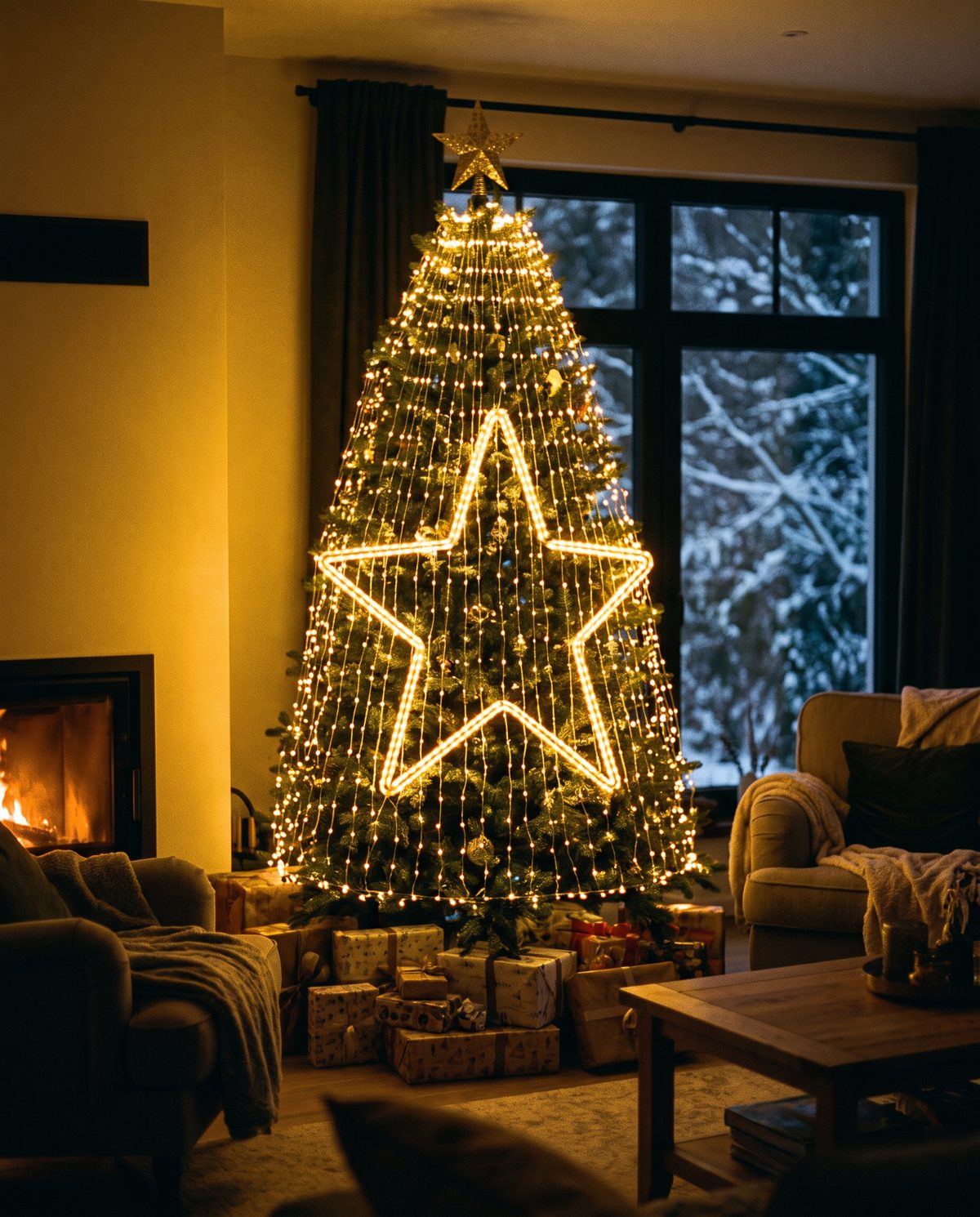 A Christmas tree lit with the Star design