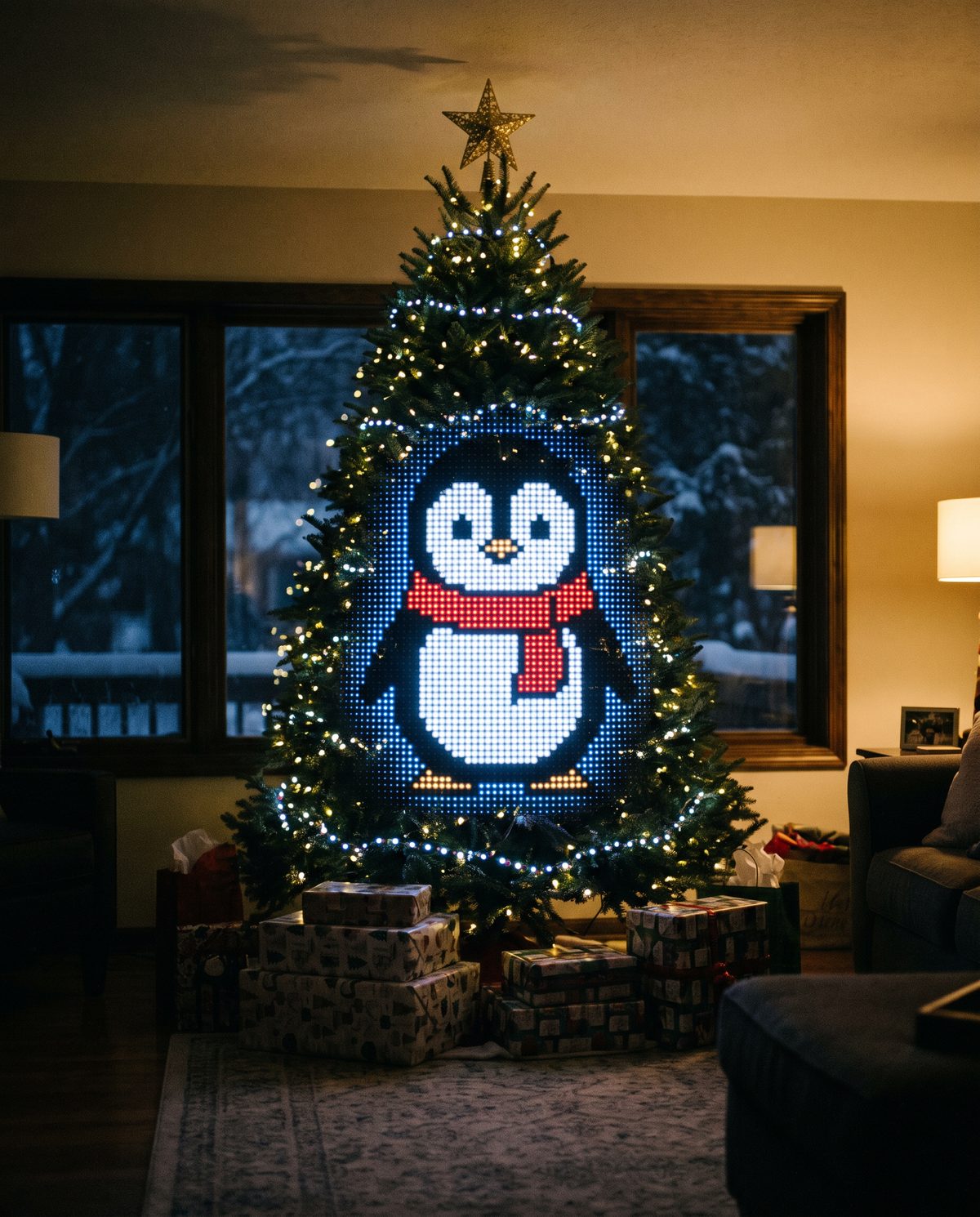 A Christmas tree lit with the Penguin design